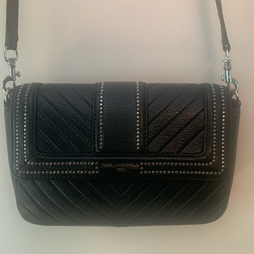 Karl Lagerfeld Paris black/ silver studs genuine leather crossbody bag